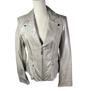 WHITE HOUSE BLACK MARKET Silver Grey Leather Moto Jacket Women's Size Medium Zip